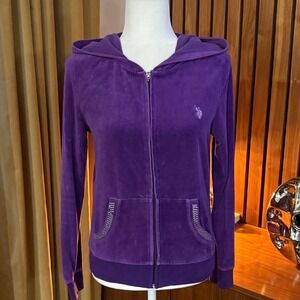 Y2K US Polo Assn Womens Purple Velvet Rhinestone Zip Up Hoodie Sweatshirt Medium